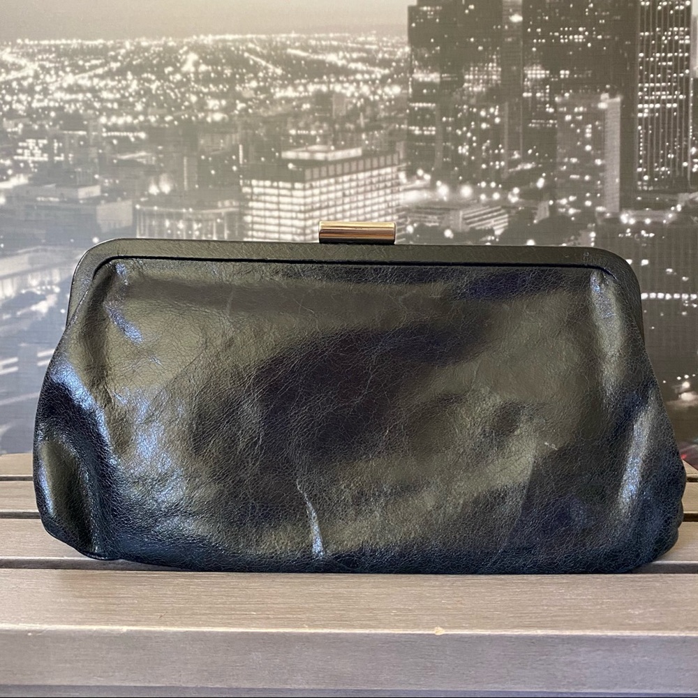 Hobo Clutch black leather with silver clasp
